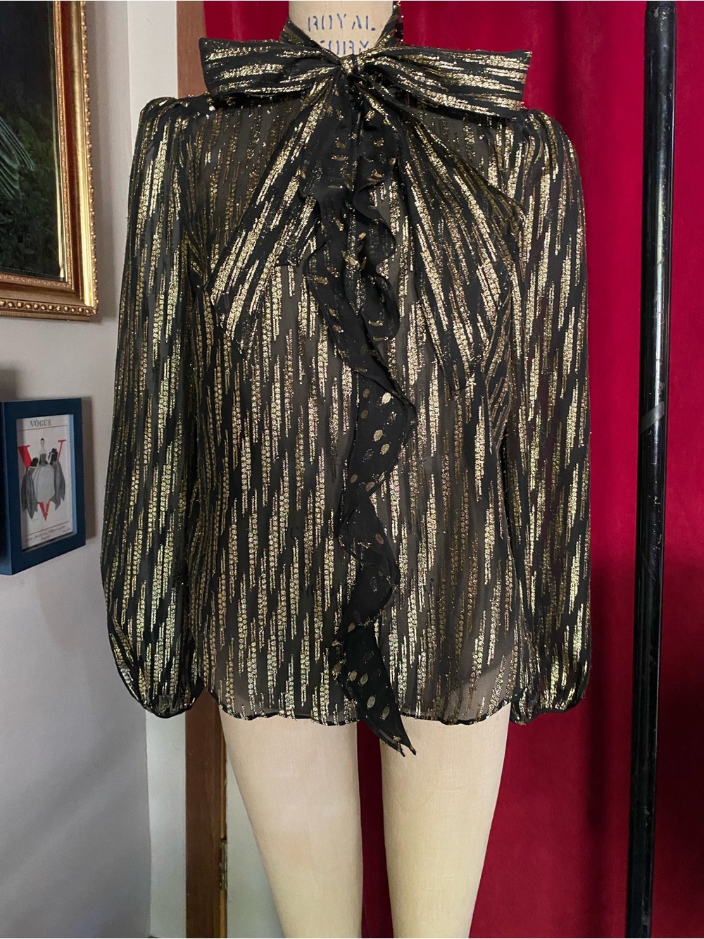 Rachel Zoe metallic stripe and polka dot ruffle front bow tie-neck blouse